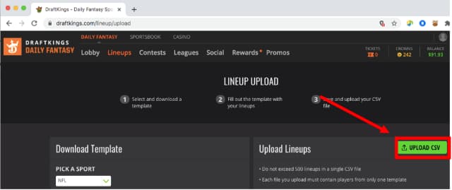 Location of the DraftKings Upload CSV button (Daily Fantasy > Lineups > Upload Lineups > Upload CSV)