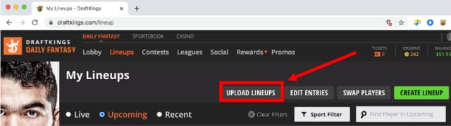 Location of the DraftKings Upload Lineups button (Daily Fantasy > Lineups > Upload Lineups)