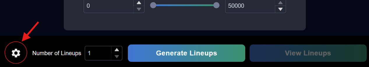 The button to open the save/load settings menu is on the left side of the generate lineups bar.