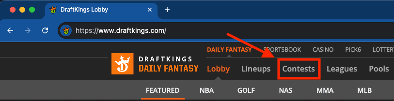 Navigate to draftkings.com and click the Contests tab