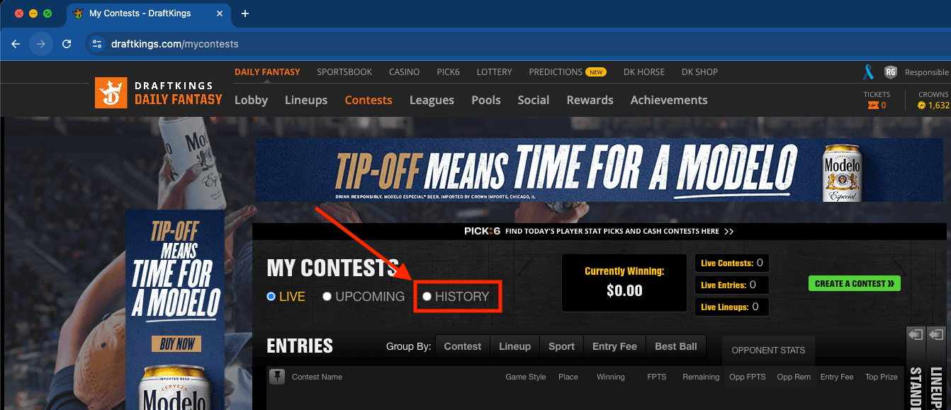 Click the History button to show past contests