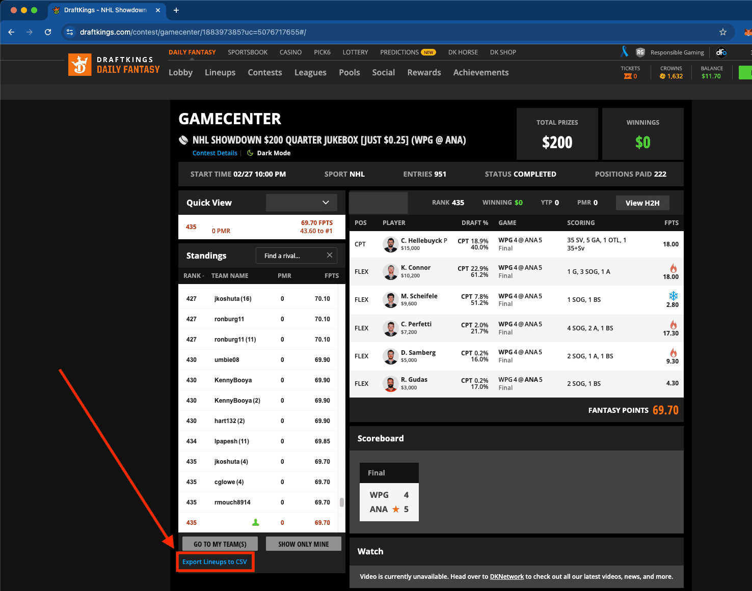 Click Export Lineups to CSV to download the data